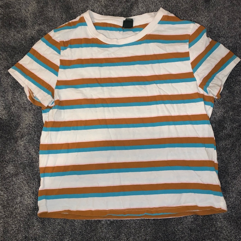 brown blue pink and white striped shirt